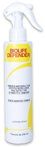 BIOLIFE defender, spray antizanzare, Lozione spray protettiva ad uso umano, Rimedio naturale ad azione repellente contro tutti i tipi di insetti e zanzare (250 ML)