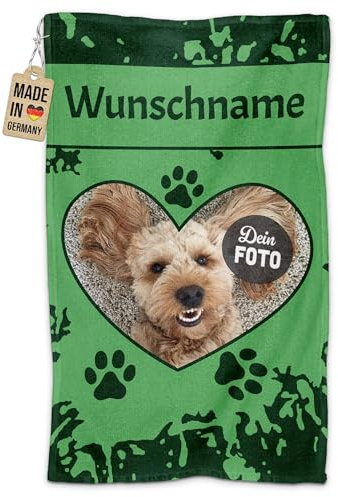 Print Royal PR Personalisiertes Hundehandtuch mit Foto & Name selbst gestalten - Herz - Pfotentuch für Hunde, Haustier-Handtuch | Fotohandtuch, 50 x 30 cm grün