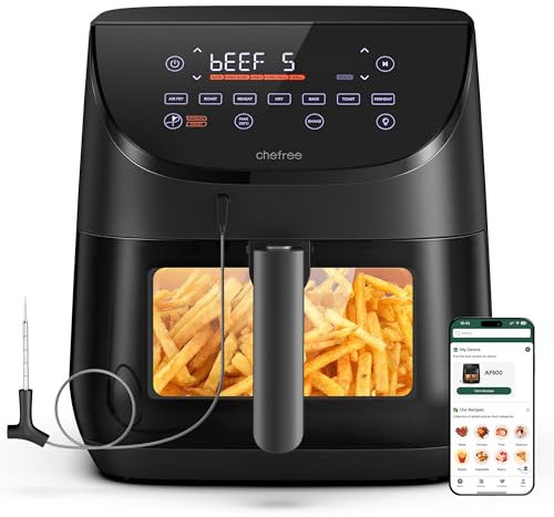 CHEFREE Freidora sin Aceite con Sonda de Temperatura 6.5L, Tecnología Rapid Air hasta 230 °C, Air Fryer con Ventana Visual, Recordatorio para Voltear, Freidora de Aire con Rejilla Panes 1700W, AF500