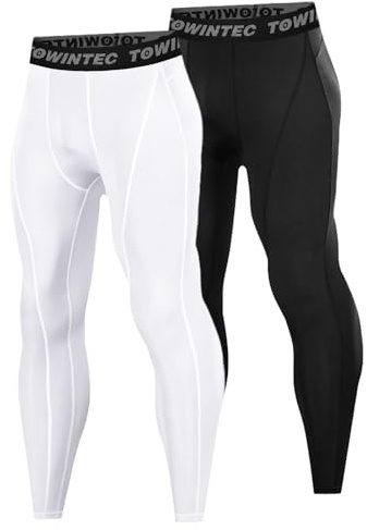 Towintec Kompressionsbyxor för män, löpartights träningsleggings, coolt torrt baslager för träning, basket, sport, atletisk fotboll, gym, Svart+vitt, XXL
