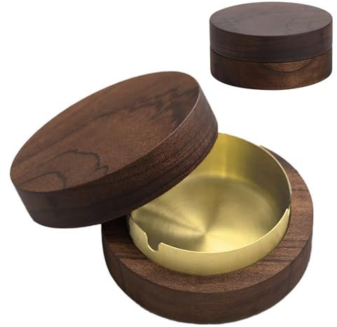 Aschenbecher mit Deckel, Hölzern Windaschenbecher, Gold Aschenbecher für Draussen Holz, Aschenbecher mit Deckel für Draußen, Herausnehmbare Edelstahl Auskleidung, für Party, Bar, Wohnzimmer