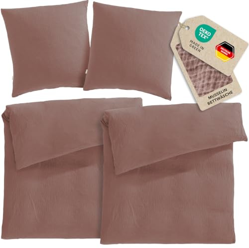 Pure Label Musselin Bettwäsche 4tlg 2x135x200+2x80x80 - Braun | Traumhaft weiche, kuschelige Bettwäsche-Sets aus Musselin - 40° Waschbar