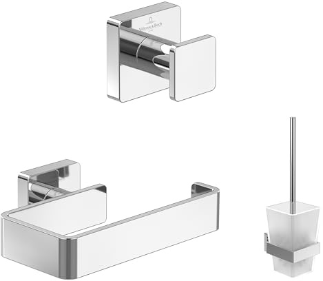 Villeroy & Boch Elements-Striking Accessoire-Set (3 in 1 Bundle), composé d'un Crochet Porte-Serviettes, d'un Porte-Papier Toilette sans Couvercle et d'un Ensemble Brosse de Toilette, Chrome