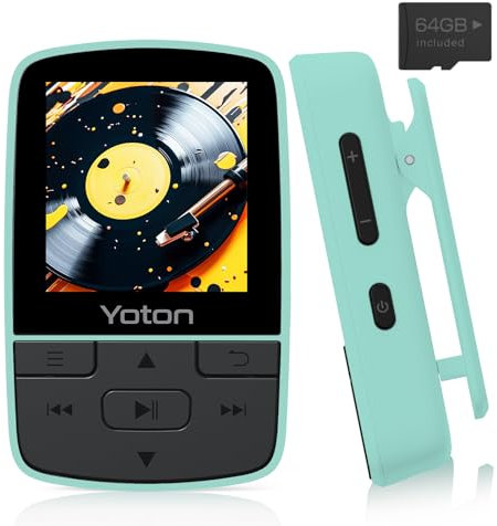YOTON Lecteur MP3 64 Go avec Clip, Mini Musique MP3 Bluetooth 5.2, Super léger (28.5g),Son HiFi sans Perte, Radio FM, Chronomètre, Enregistreur, Podomètre, etc, avec Écouteurs, Vert