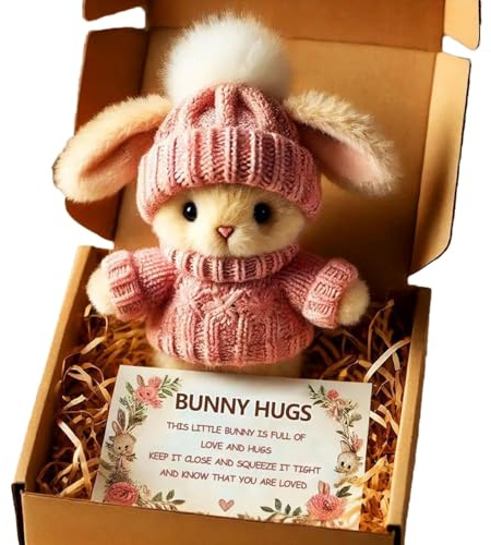 Mini Bunny Hug Cute Easter Gift, Emotional Support Bunny with Knitted Hat and Pom Pom, Handmade Plush Pocket Hug Rabbit doll, Unique Gift For Family Friend Girls Boys - Includes Box & Card (Pink)
