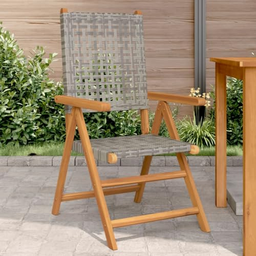 Lot de 2 Chaises de Jardin, Bois d'Acacia Massif et Résine Tressée, Dossier Inclinable et Pliable, Confortables et Résistantes, Fauteuil Jardins Exterieur, Chaise de Jardin, Gris, 57x70x109 cm