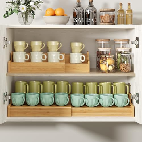 Hongtamoya 2-Tier Expandable Bamboo Mug Holder Coffee Mug Rack Organizer for Countertop, Multi-Functional Mug Display Shelf for Coffee Bar, Kitchen, and Home (15.75~30.71)