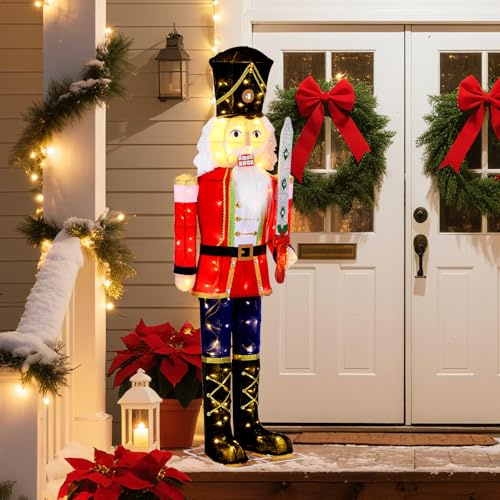 GYMAX Figura de Cascanueces de 157 cm, Decoración Navideña Iluminada con 100 Luces LED Blanco Cálido, para Exterior con Espada, Iluminación Navideña para Interior y Exterior