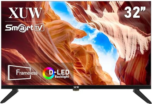 XUW Smart TV HD de 32 pulgadas, televisor con retroiluminación D-LED, diseño sin bordes, interfaz HDMI USB DVB-T2/S2 RJ45, pantalla grande para sala de estar, dormitorio, entretenimiento en el hogar