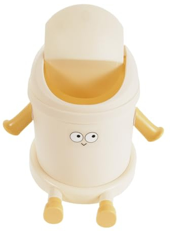 HAPINARY Mini Papelera de Escritorio Portátil con Tapa Cubo Pequeño de Plástico para Oficina Dormitorio y Cocina Cubo Basura de Mesa Compacto y Decorativo Crema con Diseño Sonriente