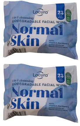 Crwp Lacura Biodegradable Facial Wipes for Normal Skin, 3 in 1 Cleansing, Vitamin E, Pro-Vitamin B5, Aloe Vera, 25 Wipes, 2 Pack with crwp card.