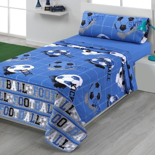 DHESTIA HOME Juego de Sábanas Infantil y Juvenil Algodón y Poliéster 50/50 Diseño Fútbol Kick Color Azul Talla Cama 90