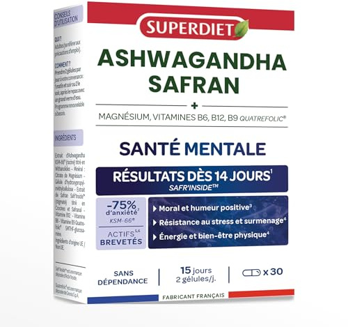 Complexe santé mentale – Stress-Ashwagandha KSM-66, Safran, B6, B9–gélules | Cure de 60 gélules -Actifs brevetés -Régulateur de Cortisol – Relaxation- Humeur - Sommeil - Fabrication française –Superdiet