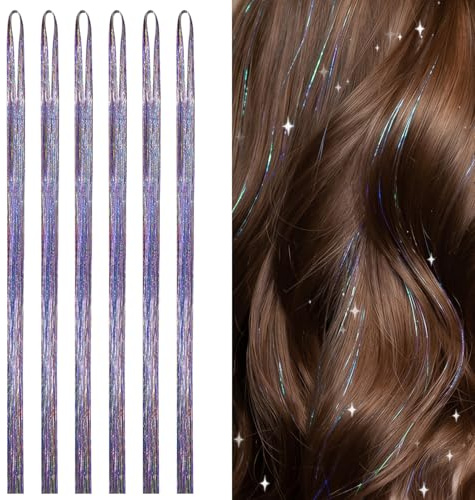 6 PCS Hair Tinsel Extensions, 48cm Holographic Glitter Strands, Colorful Synthetic Highlights for Party Christmas Halloween, Multicolor