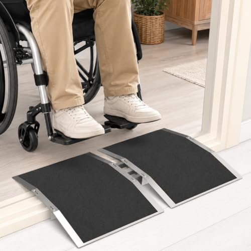 Wheelchair Ramp, 2x30cm Threshold Ramps for Doorways Fits 7–13cm Wide Thresholds Aluminum Handicap Ramp with Adjustable Bars Portable Bridge Wheelchair Ramps for Steps for Home Sliding Doors