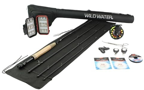Wild Water Deluxe Fly Fishing Combo Starter Kit, 5 or 6 Weight 9 Foot Fly Rod, 4-Piece Graphite Rod with Cork Handle, Accessories, Die Cast Aluminum Reel, Carrying Case, Fly Box Case & Fishing Flies