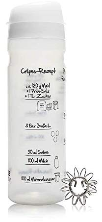EINFACHER CRÊPES- & PFANNKUCHENTEIG im Shaker (875ml) Machen. 3 Rezeptaufdrucke mit Füllstrichen. Effektives Mixteil aus Edelstahl. Patentierter Ausgießer für sauberes Portionieren. Farbe Weiss