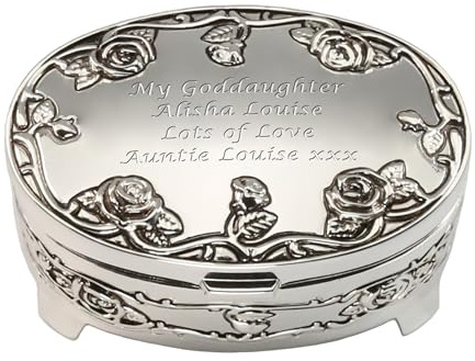 De Walden Personalised Engraved Goddaughter Silver Plated Rose Trinket Box | Christening Gifts Ideas, Jewellery Box