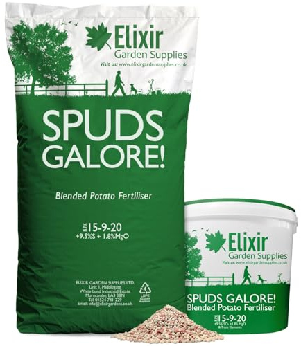 Elixir Gardens Spuds Galore Blended Potato Fertiliser/Plant Food | 15-9-20 +9.5% SO3 +1.8% MgO | 100g-25kg Available in Bag or Tub | Covers 280m² | 20kg Bag | Plant Food 15-9-20 +9.5% SO3 +1.8% MgO 20kg Bag Covers 280m²