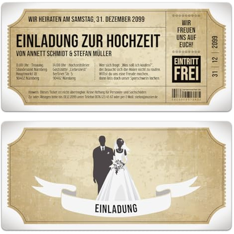 Kartenmachen.de Personalisierte Einladungskarten zur Hochzeit (ab 10 Stück Sets selbst gestalten) als Eintrittskarte mit echtem Abriss im Vintage Ticket Look Hochzeitskarten in Weiß