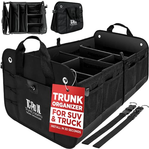 TRUNKCRATEPRO XL Heavy-Duty Trunk Organizer – Reinforced SUV & Truck Cargo Storage with 6 Adjustable Compartments, Non-Slip Base & Securing Straps (Foldable Design, Black)