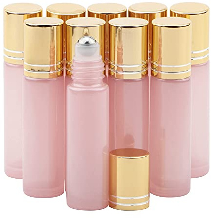 Rowiz 10pcs 10ml (0.3oz) Glass Roller Bottles, Roll on Bottles -Pearly Pink | 1/3oz, Refillable, Leak-proof, Portable, Clear, Thickened Glass, for DIY Essential Oils, Perfume, Travel, DIY Liquid
