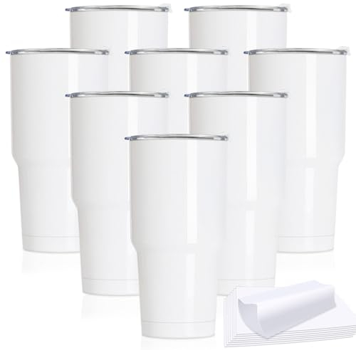 XccMe Edelstahl-Sublimationsbecher, 8 Stück, doppelwandig, vakuumisoliert, Kaffeebecher mit Schrumpffolien und spritzwassergeschütztem Deckel, Reisebecher für DIY-Geschenk, Kaffee, Getränke, Weiß