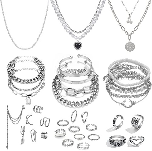 IFKM 36 Piece Silver Plated Jewelry Set - 3 Necklaces, 12 Bracelets, 7 Ear Cuffs, 14 Knuckle Rings for Women - Valentine, Anniversary, Birthday Gifts