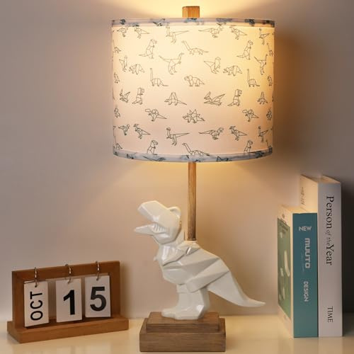 Hamucd Kids Dinosaur Table Lamp for Boys Girls Bedroom 23 Bedside Lamp for Children Gift Cute Small White Nightstand Lamp for Nursery(LED Bulb Included)
