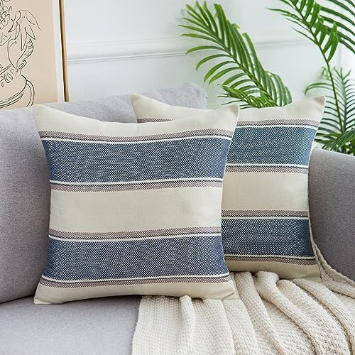 Kissenbezüge Streifen Sofakissen Blau Kissenhülle Leinen Dekokissen Bauernhaus Kissenbezüge Couchkissen Quadratische Home Deko Kissenhülle für Sofa Büro Couch Stuhl Schlafzimmer 40x40 cm 2 Stück
