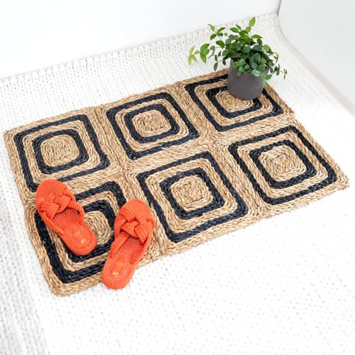 Josephina CEBUU Tapis naturel, 90 x 60 cm, en jonc de mer, pour salon, balcon et couloir, pliable, tissé à la main, style bohème, naturel + noir