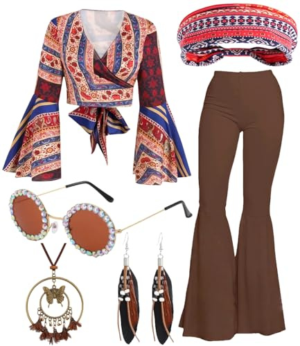 kasahara Hippie-dräkt dam full uppsättning 60-tal, 70-tals hippie-kläder disco outfit med toppar, utsvängda byxor halloween temafest karneval maskeraddräkter (brun, M)