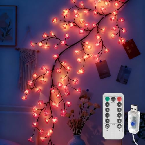 BYZESTY Catena luminosa di fiori di ciliegio Willow Vine, 230cm 144 LED, rami di fiori di ciliegio con luci, con telecomando, albero di salice con luci, rami di luce artificiali per decorazione murale
