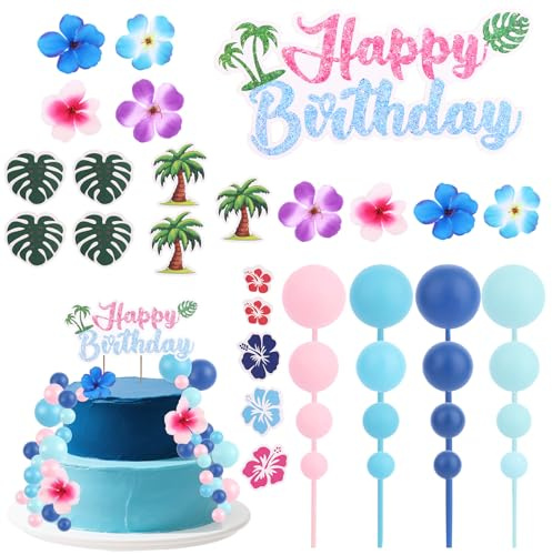 SAVITA 81pcs Hawaiian Party Decor Set, Colorful Foam Ball Cake Toppers with Flowers Cards Tropical Cupcake Toppers for Theme Birthday Dessert Decoration Baby Shower