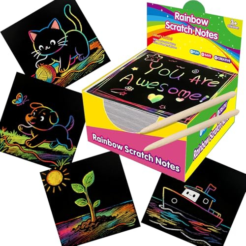 100 Pcs Mini Rainbow Scratch Notes, Scratch Art Paper for Kids, Party Bag Fillers Stocking Fillers for Girls Boys, Creative Craft Classroom Activities, Birthday Christmas Easter Secret Santa Gifts