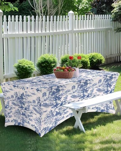 Blue Chinoiserie Garden Pavilion 4ft Spandex Tablecloth for Rectangle Table, Asian Scenic Hill Boat Plant Stretch Fitted Table Cover Table Cloth Protector for Party Banquet