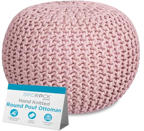 BIRDROCK HOME Round Pouf Ottoman | Cotton Braided Foot Stool with Bean Bag Filling | Boho Foot Rest for Living Room & Bedroom | Compact & Comfortable Seating, Lightweight & Soft | Dusty Rose