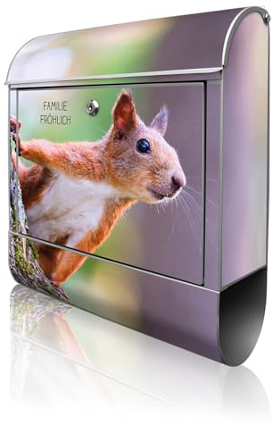 banjado Design Briefkasten personalisiert 38,5x46,5x13cm & 2 Schlüssel - Briefkasten Stahl Silber Zeitungsfach pulverbeschichtet - Postkasten A4 Einwurf inkl. Montagematerial - Motiv Eichhörnchen