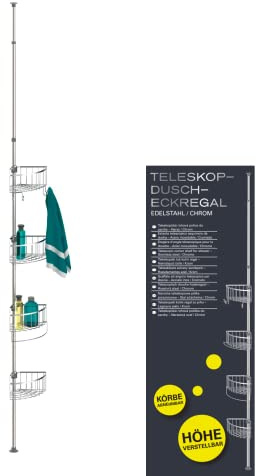 EISL Teleskop Duschregal mit 4 Duschkörben, Duschablage ohne bohren, Badezimmer Zubehör, Korb Aufbewahrung Bad, Edelstahl