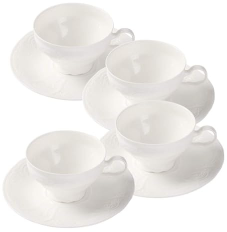 PULCHRITUDIE White Fine Porcelain 7 Oz Teacup Saucer Set, Sculpture Surface, Light Weight, Set of Four