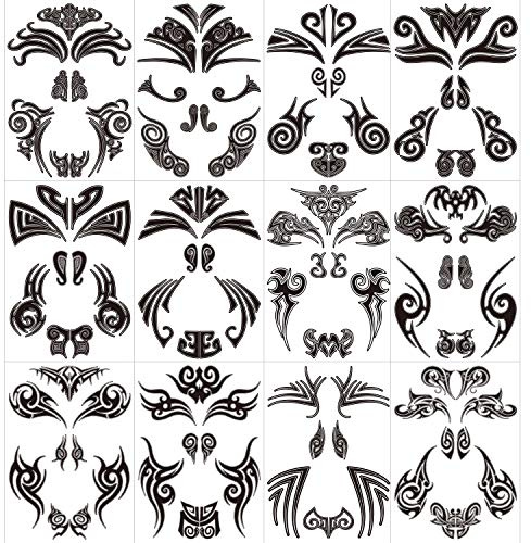 Qpout12 pcs Tatuajes temporales de cara, tatuajes de cara maorí Pegatinas tribales de tatuaje de cara negra para mujeres/hombres Fiesta de carnaval Fiesta temática maorí Suministros de decoración