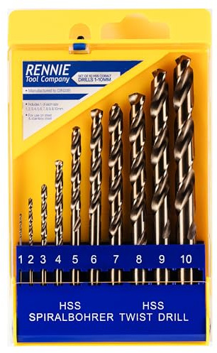 Rennie Tools - 10 Piece Cobalt Drill Bit Set Sizes 1-10mm In Storage Case | For Stainless Steel, Aluminium, Hards Metals, Cast Iron, Plastic & Wood. HSS Cobalt Jobber Drill Bit Set