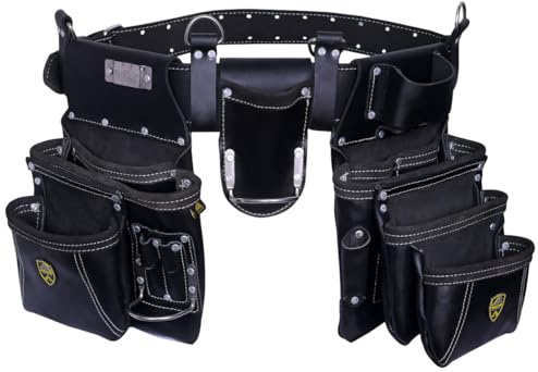 ZAKCO PRO-19 Genuine Grain Leather Multi Pockets Construction Tool Rig, Carpenter Tool Belt, 2 Leather Tool Pouches, Pro Style Tool Belt for Framers, Handyman, Drywall & Roofers (BLACK, Full Size)