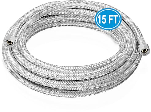 Refrigerator water line - 15 FT Premium Stainless Steel Braided Ice Maker Water Hose,Food grade PEX Inner Tube Fridge Water Line with 1/4 Fittings for Refrigerator Ice Maker