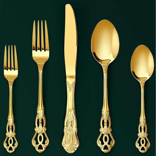 Besteck Set, Goldenes Besteck 20-teilig, Besteck Set 4 Personen aus Edelstahl, Vintage Palast-Stil Besteck Gold Spülmaschinenfest & Hochglanzpoliert Besteckset für alle Anlässe, Geprägte Griff