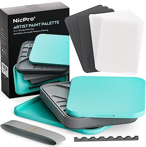 Nicpro Wet Palette für Mischpalette Acrylfarben, Farbtablett Nasspalette mit 100 Stück Palettenpapier, 4 Stück Schwämmen, Pinselhalter Farbmisch Aufbewahrung für Modellfarbe, DIY