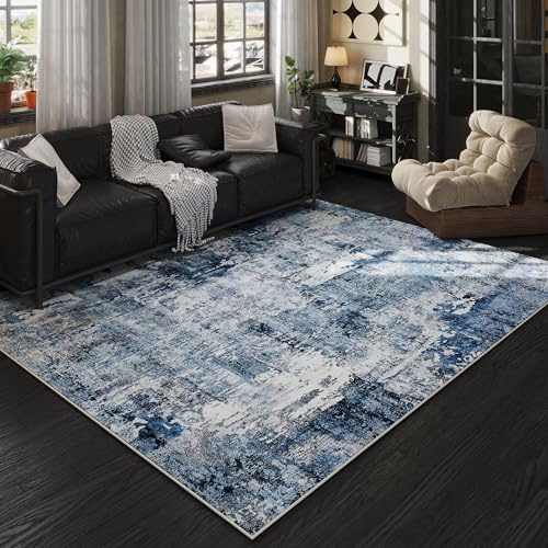Rugcomf 6x9 Washable Bedroom Boho Rug - Soft, Non-Slip, Non-Shedding Faux Wool Vintage Pattern for Living Room, Farmhouse, Dining Room, Kids Playroom - Blue