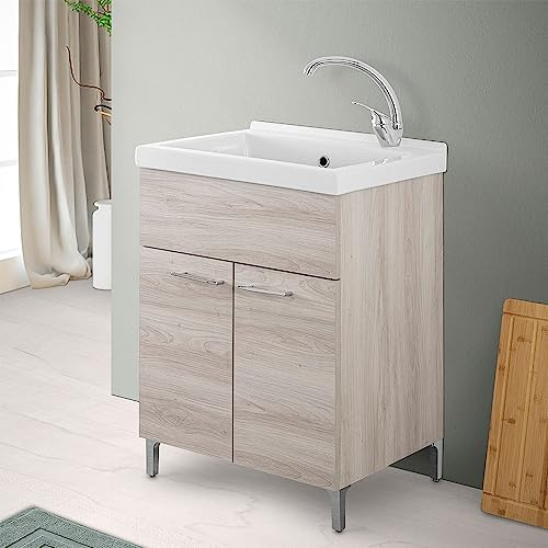 Mobile lavatoio Lavanderia 60x50 Rovere Grigio, in Legno con Vasca lavapanni in Ceramica, 2 Ante e Kit di Scarico Incluso