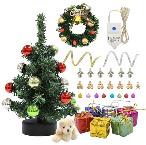 iLAND Dollhouse Accessories Mini Christmas Tree with Lights 6 inch Dollhouse Christmas Decorations CuteTiny Xmas Tree Miniature Decor 1/12 Scale Accessories Shining Small Gifts