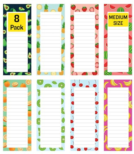 8 Magnetic Notepads – Notepads for Grocery List, Shopping List, To-Do List, Reminders -Strong Magnetic Back- Memo Notepad with Realistic Fruit Designs | 25 Sheets per Pad 7.5 x 3.5 inch (8 Pack)